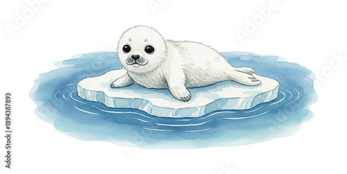 Cute baby seal pup lying on an ice floe in blue water with an innocent curious expression watercolor illustration