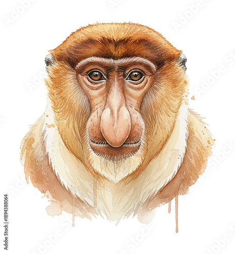 Detailed watercolor portrait of a Proboscis Monkey with a large nose looking directly forward