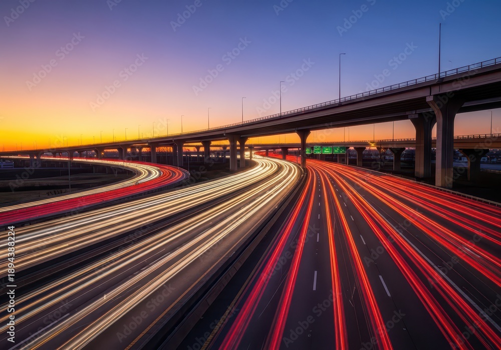 Fototapeta premium Massive highway infrastructure with dense automotive traffic flow at sunset. Headlights and taillights streak across multiple lanes during rush hour congestion, motion, movement, complex