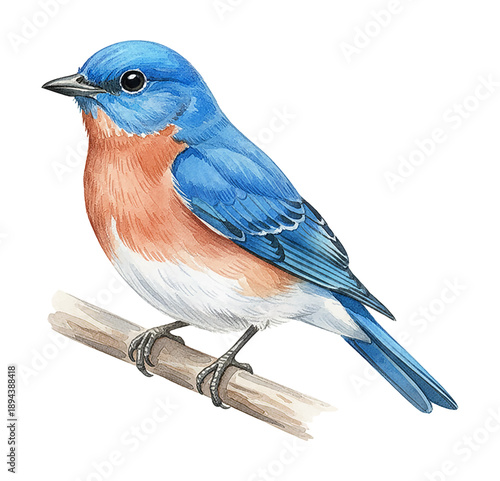 Detailed Watercolor Illustration of a Vibrant Bluebird Perched on a Wooden Branch with Bright Blue and Orange Feathers Calm and Serene
