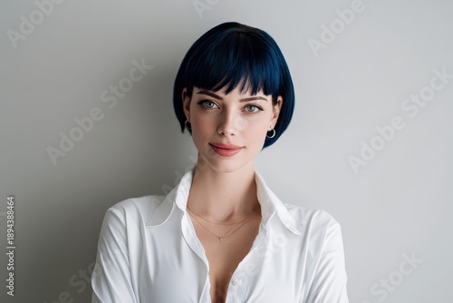 Young woman with deep blue short haircut poses against a light neutral background