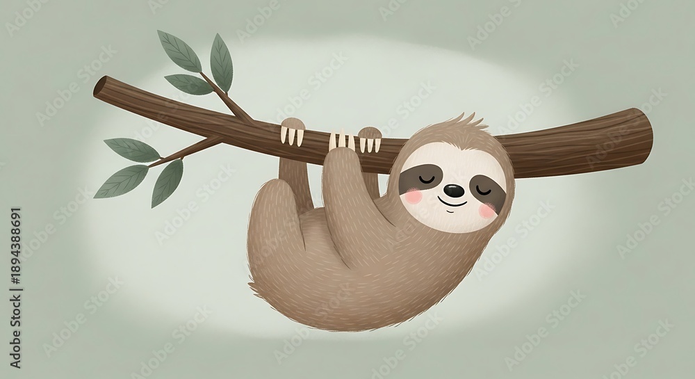 Fototapeta premium A cartoon sloth hanging from a branch, relaxing in a serene environment, captured from a straightforward viewpoint