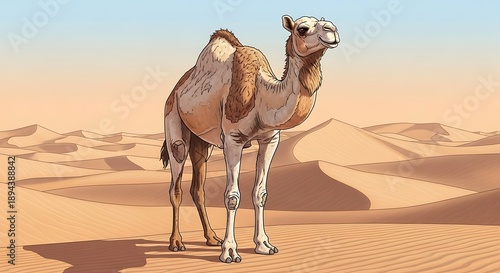 Wallpaper Mural A camel standing alone in a vast desert landscape, viewed from the side under a clear sky. Torontodigital.ca