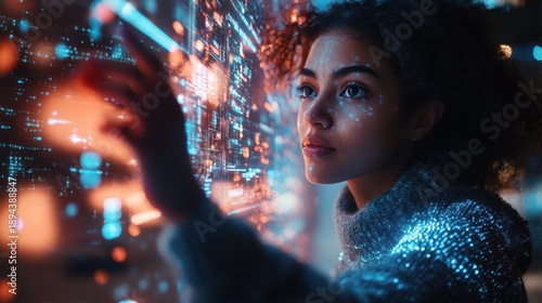 Young woman interacting with a futuristic digital interface, symbolizing technological advancement and innovation