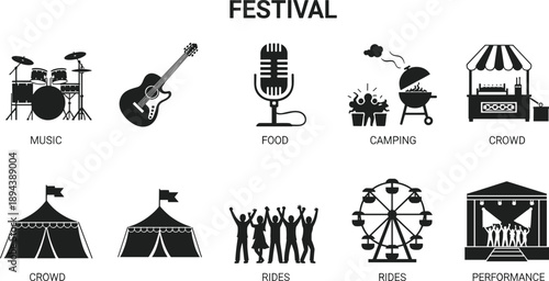 Festival including music instruments microphone food grill vendor tents people rides and drum
