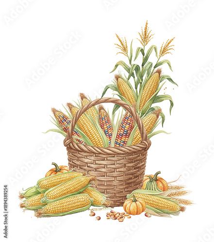Bountiful Autumn Harvest Scene with Wicker Basket Full of Corn Cobs Pumpkins and Wheat Watercolor Art