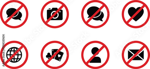 Prohibited icons set with red forbidden symbols showing restricted actions communication media people food internet concepts