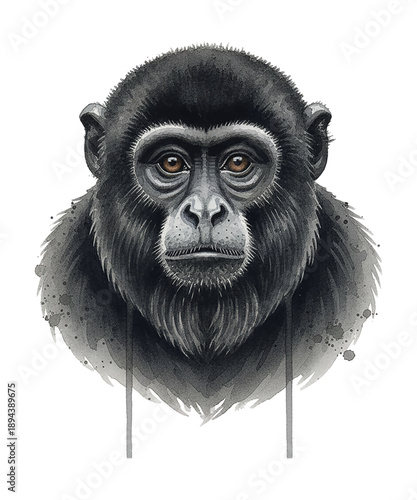 Close Up Portrait of a Black Monkey with Neutral Serious Expression Looking Directly Watercolor