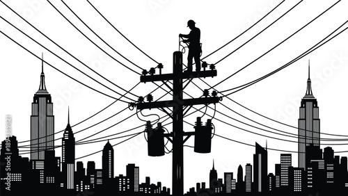 Electric lineman working on utility pole silhouette, city skyline background, power line maintenance vector illustration for urban energy infrastructure, electrical engineering, 