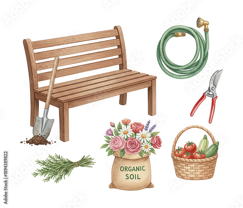 Watercolor gardening tools and fresh produce a wooden bench a spade a hose flowers rosemary and vegetables