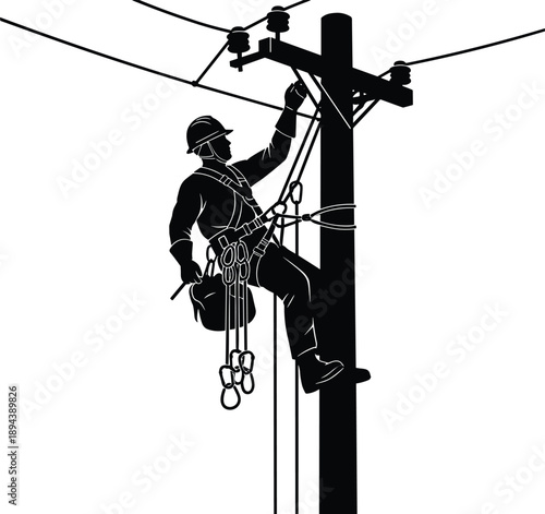Electric lineman working on utility pole silhouette, power line maintenance and electrical safety vector illustration for energy infrastructure, industrial workforce,