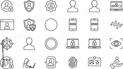 Security and user interface line icons set featuring authentication privacy access control profile protection symbols