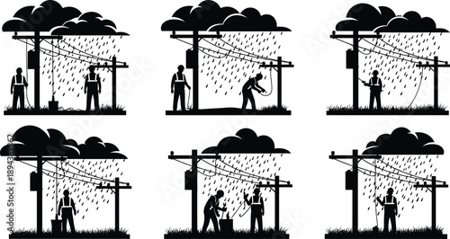 Electric linemen working on power lines in heavy rain, utility maintenance silhouettes, stormy weather safety concept, black and white vector illustration