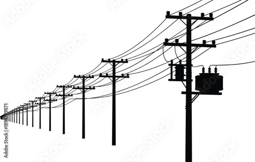 Electric power distribution poles silhouette vector illustration, long perspective utility line with transformers and cables, infrastructure energy transmission design in black and white