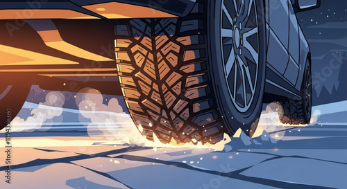 Close up of car tire driving on snowy road at sunset with glowing sparks flying