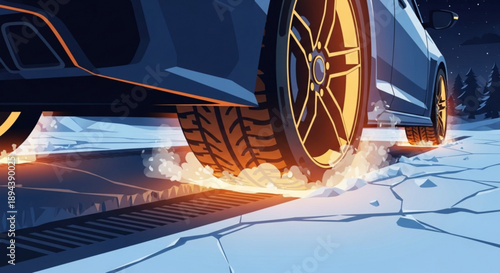 Car tire screeching on snowy road at night with sparks flying close up view of wheel and brake