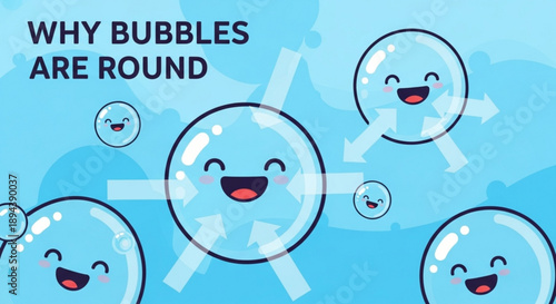 Smiling bubbles float in air with arrows on blue background illustrating why bubbles are round
