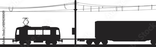 Electric tram and cargo truck silhouette, urban transport infrastructure vector, overhead wire system, road and rail vehicle illustration, black icon set
