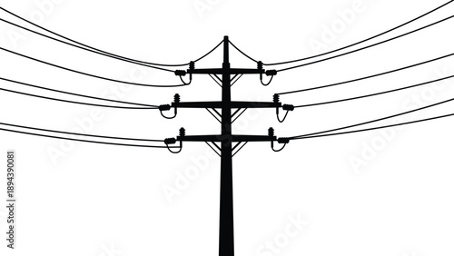 Electric utility pole with multiple power lines, detailed black silhouette vector illustration of overhead electrical distribution system, energy infrastructure design