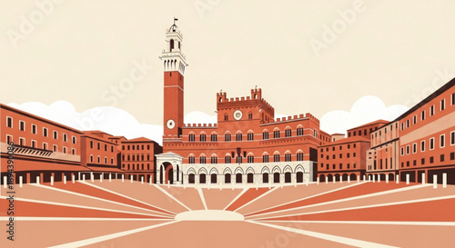 Historic italian city square with towering bell tower and red brick buildings architecture