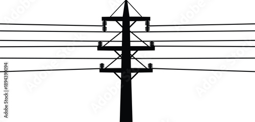 Electric utility pole with power lines silhouette, overhead electricity distribution infrastructure vector illustration for energy transmission, urban grid systems, engineering design, 