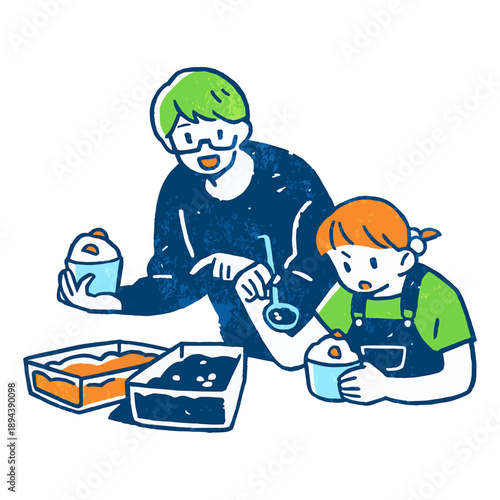 スイーツを作る父親と女の子のイラスト