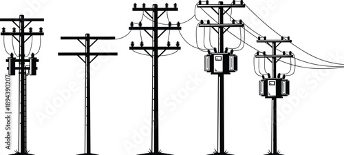 Electric utility power poles collection, distribution transformers and overhead lines, infrastructure elements set, black and white vector illustration, silhouette design isolated
