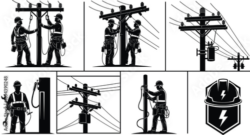 Electric utility workers repairing power lines, professional lineman safety equipment, electricity infrastructure maintenance silhouette illustration for engineering, industry, energy service 