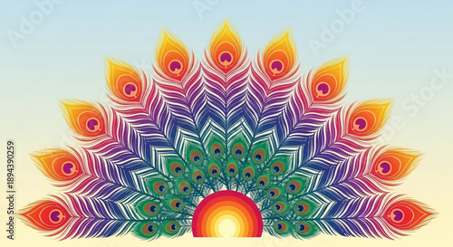 Vibrant peacock feather design with colorful plumage and sunset gradient background