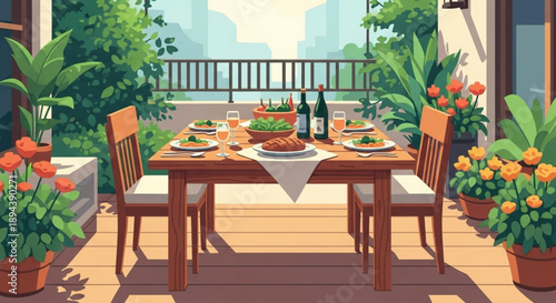 Outdoor dining table set on a balcony with food wine and potted plants overlooking cityscape at daytime