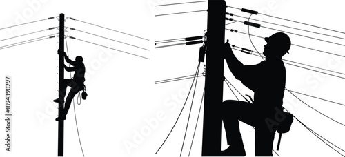 Electrical lineman climbing utility pole, working on power lines, black silhouette vector illustration of electrician maintenance, energy repair and safety concept design