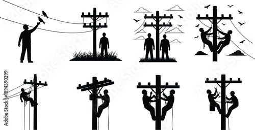 Electrical lineman silhouettes working on utility poles, repairing power lines, teamwork, maintenance, safety equipment, high voltage service, vector illustration set for engineering