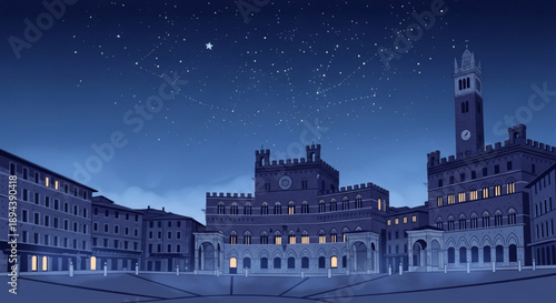 Nighttime cityscape with historic buildings starry sky and clock tower in a quiet empty square