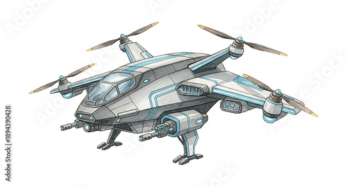 Futuristic Quadcopter Drone with Weapons and Cockpit Design Advanced Technology Illustration