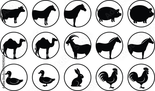 Farm animal silhouette icons set featuring livestock cow goat pig camel poultry agriculture symbols circular vector collection