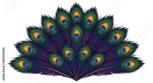 Vibrant peacock feathers display colorful plumage with blue green gold eyespots on purple and green background
