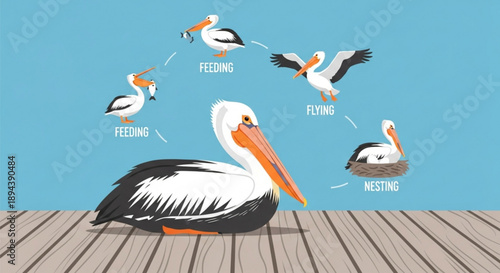 Pelican bird life cycle stages feeding flying nesting on wooden dock blue background