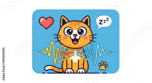 Cute cartoon cat with heart rate lines and heart symbol sleeping deeply