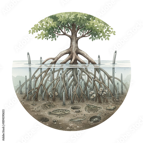 Detailed Watercolor Illustration of a Mangrove Ecosystem with Roots Marine Life and Underwater Environment