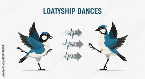 Two blue jays dancing in opposite directions with ecg lines and arrows