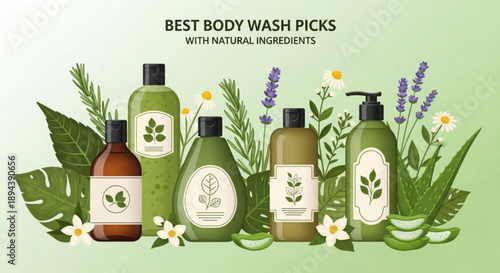 Natural body wash bottles with plants and flowers on green background for skincare routine