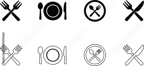 Food and restaurant cutlery icons set featuring fork spoon knife plate dining menu symbols outline solid vector