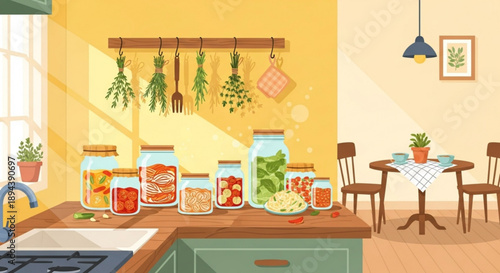 Cozy kitchen interior with homemade food jars on countertop and herbs hanging warm sunlight
