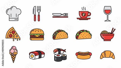 Assorted Food Icons in Colorful Illustration.