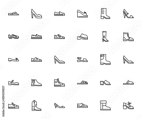 Shoes and boots line icon set. Vector craft icons pack. Includes flip flop, high heel, sneaker, boot, sandal, slipper, oxford and more. Editable thin line.