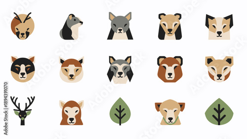 Collection of Various Animal Faces and Leaves.