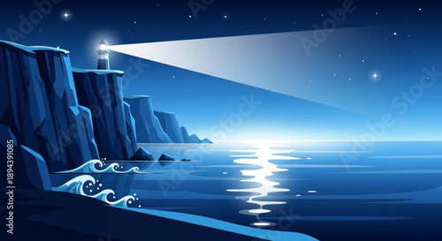 Lighthouse beam illuminates ocean waves crashing against rugged cliffs at night with starry sky