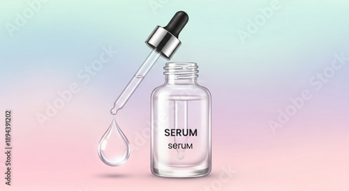 Glass serum bottle with dropper on pastel background skincare concept with clear liquid