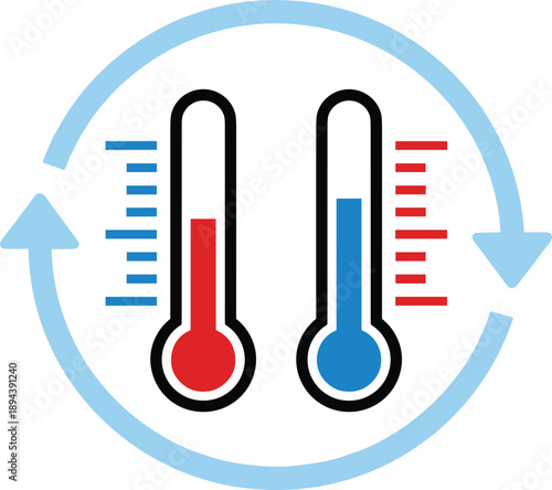 Hot and cold temperature control icon with thermometers arrows representing climate regulation heating cooling concept