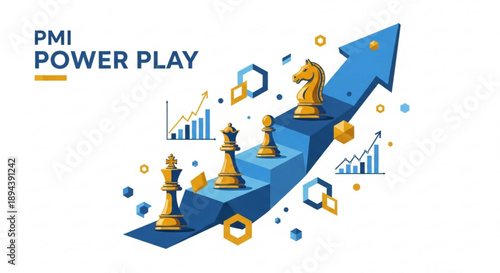 Business strategy concept with chess pieces on an upward arrow graph with growth charts